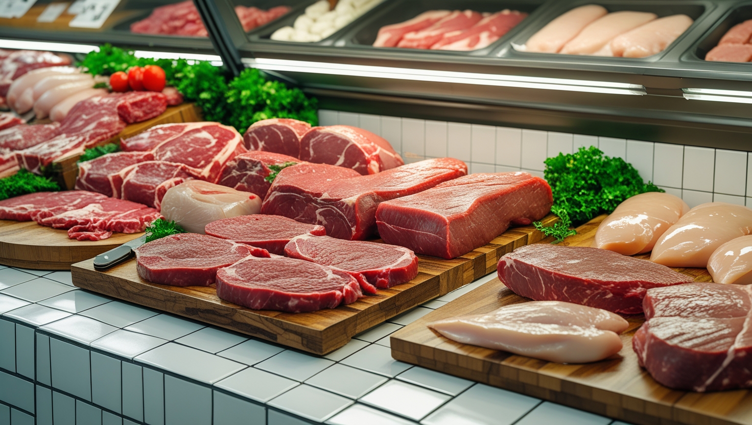 Balcão de carnes da Casa de Carnes Central — cortes selecionados